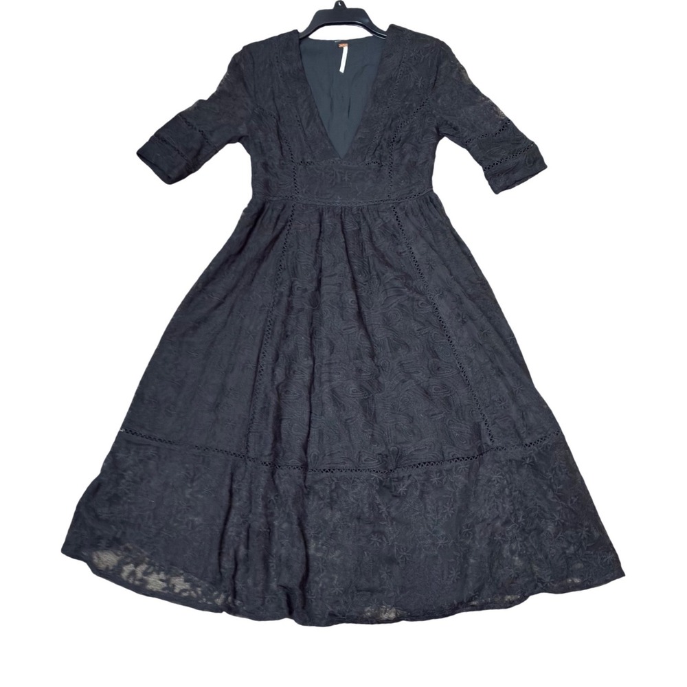 Free People Fia Lace Midi Dress Black V-Neck Elbow Sleeve Size 4 OB6467760